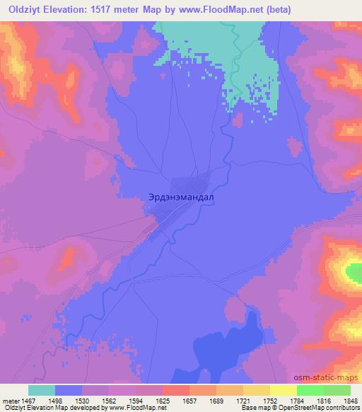 Oldziyt,Mongolia Elevation Map