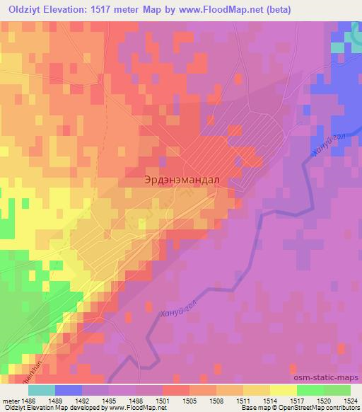 Oldziyt,Mongolia Elevation Map