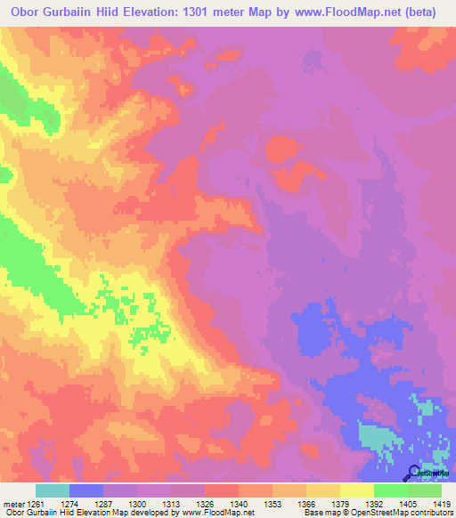 Obor Gurbaiin Hiid,Mongolia Elevation Map