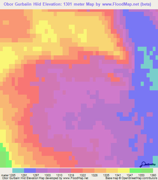 Obor Gurbaiin Hiid,Mongolia Elevation Map