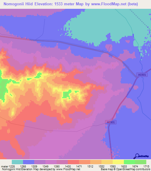 Nomogonii Hiid,Mongolia Elevation Map