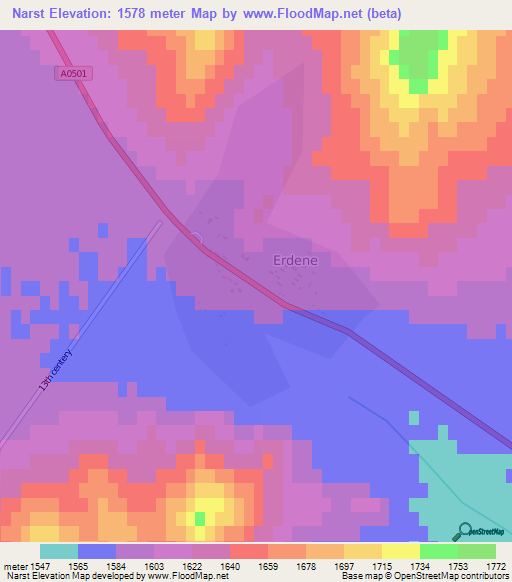 Narst,Mongolia Elevation Map