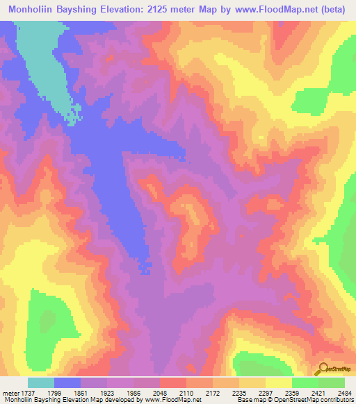 Monholiin Bayshing,Mongolia Elevation Map