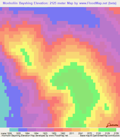 Monholiin Bayshing,Mongolia Elevation Map