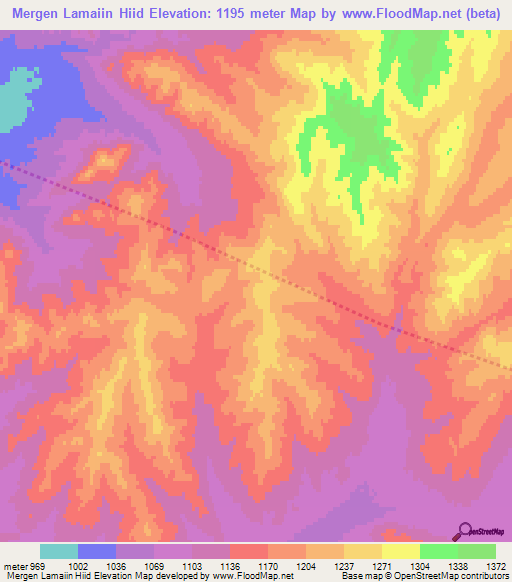 Mergen Lamaiin Hiid,Mongolia Elevation Map