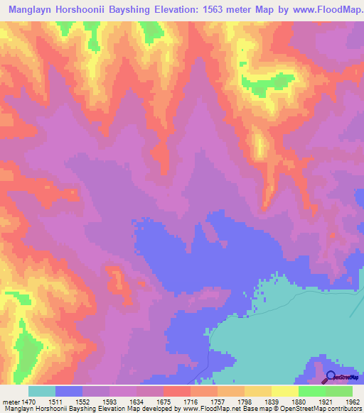 Manglayn Horshoonii Bayshing,Mongolia Elevation Map