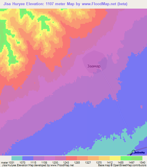 Jisa Huryee,Mongolia Elevation Map