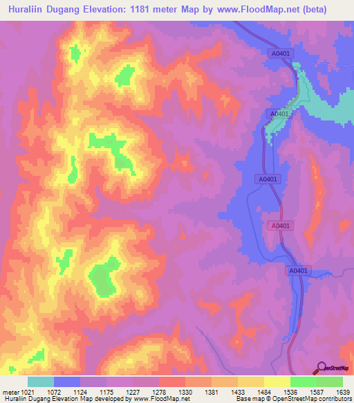 Huraliin Dugang,Mongolia Elevation Map