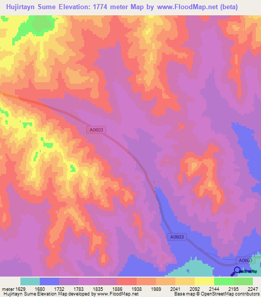 Hujirtayn Sume,Mongolia Elevation Map