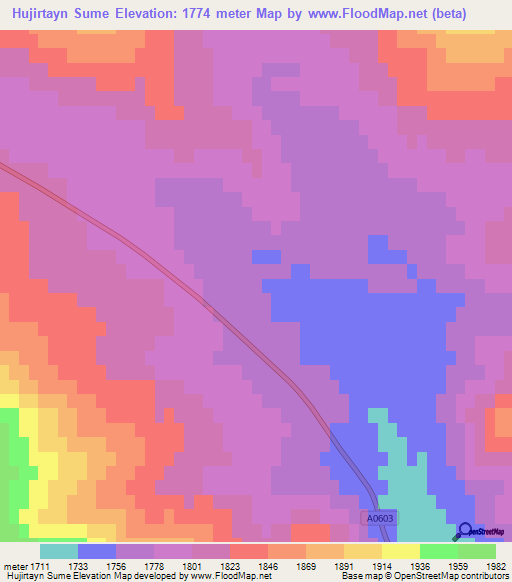 Hujirtayn Sume,Mongolia Elevation Map