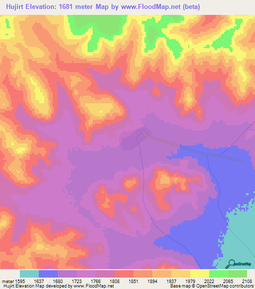 Hujirt,Mongolia Elevation Map