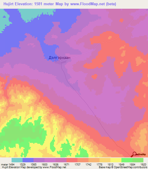 Hujirt,Mongolia Elevation Map