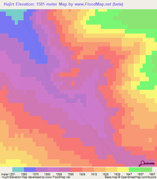 Hujirt,Mongolia Elevation Map