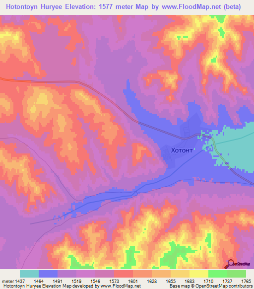 Hotontoyn Huryee,Mongolia Elevation Map