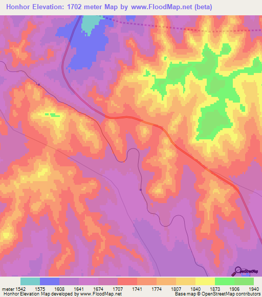 Honhor,Mongolia Elevation Map