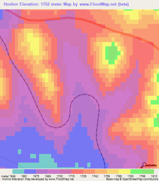 Honhor,Mongolia Elevation Map