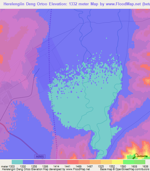 Herelengiin Deng Ortoo,Mongolia Elevation Map