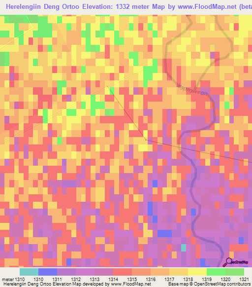 Herelengiin Deng Ortoo,Mongolia Elevation Map