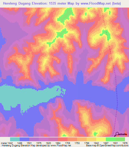 Hereleng Dugang,Mongolia Elevation Map