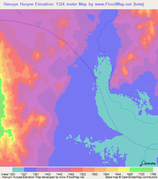 Hanuyn Huryee,Mongolia Elevation Map