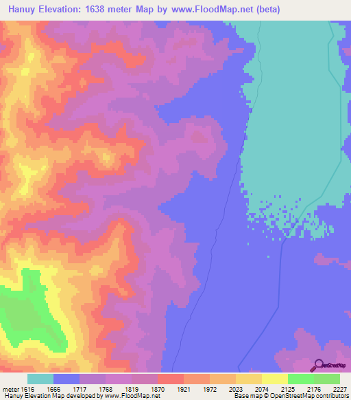 Hanuy,Mongolia Elevation Map