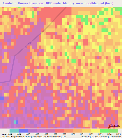 Gindeliin Huryee,Mongolia Elevation Map