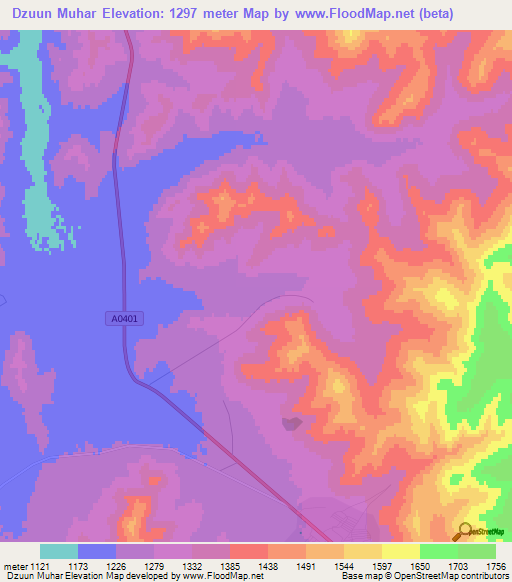 Dzuun Muhar,Mongolia Elevation Map