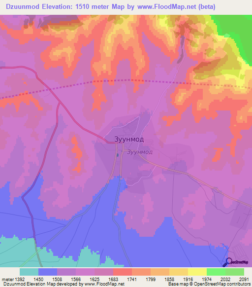 Dzuunmod,Mongolia Elevation Map