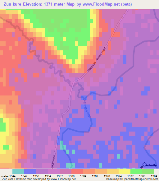 Zun kure,Mongolia Elevation Map