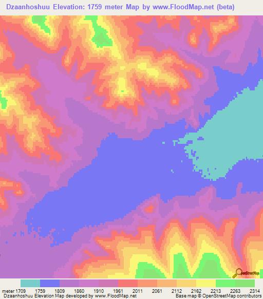 Dzaanhoshuu,Mongolia Elevation Map