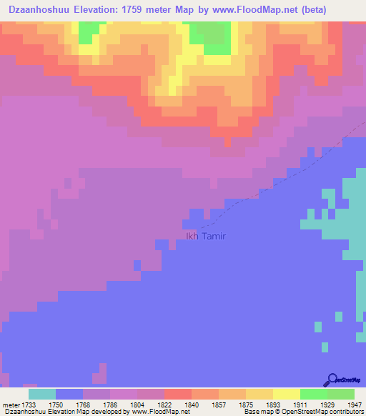 Dzaanhoshuu,Mongolia Elevation Map