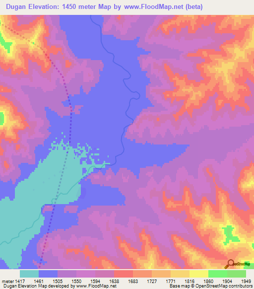 Dugan,Mongolia Elevation Map