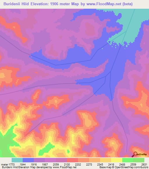 Buridenii Hiid,Mongolia Elevation Map