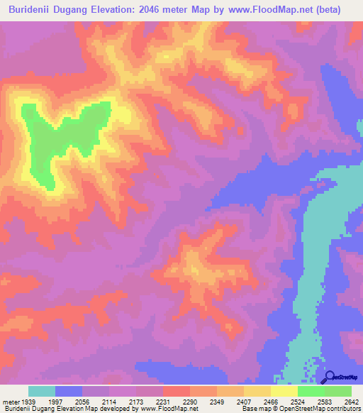 Buridenii Dugang,Mongolia Elevation Map