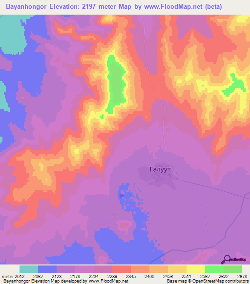 Bayanhongor,Mongolia Elevation Map