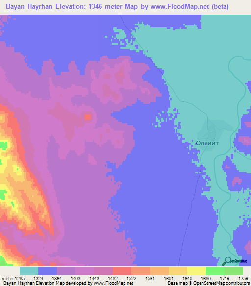 Bayan Hayrhan,Mongolia Elevation Map