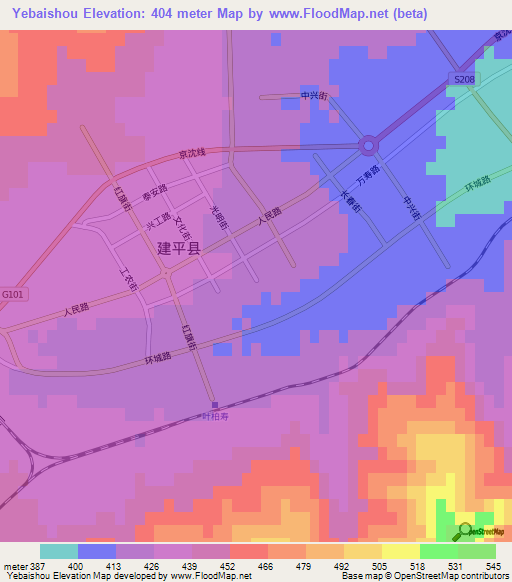 Yebaishou,China Elevation Map