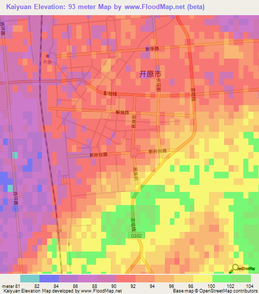 Kaiyuan,China Elevation Map
