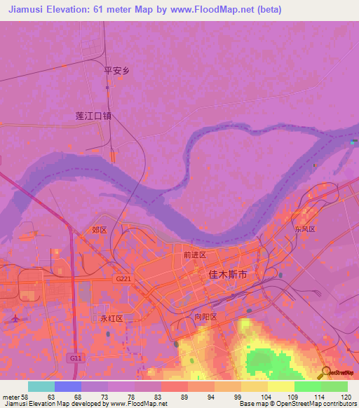 Jiamusi,China Elevation Map