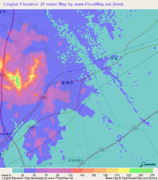 Linghai,China Elevation Map