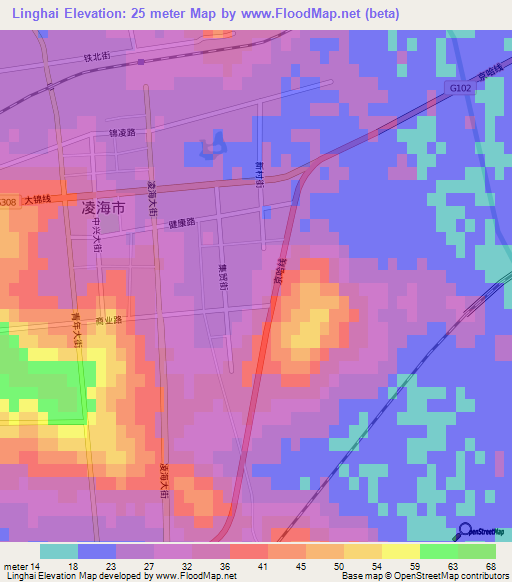 Linghai,China Elevation Map