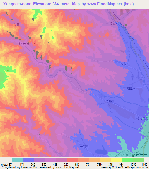 Yongdam-dong,North Korea Elevation Map