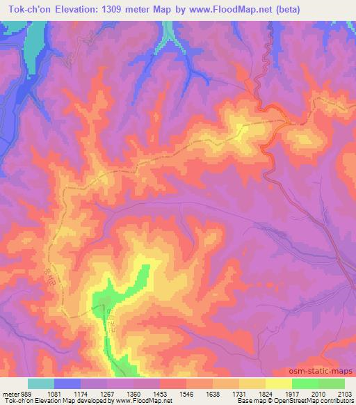 Elevation of Tok-ch'on,North Korea Elevation Map, Topography, Contour