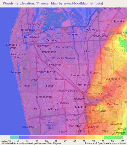 Woodville,Australia Elevation Map