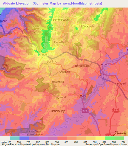 Aldgate,Australia Elevation Map