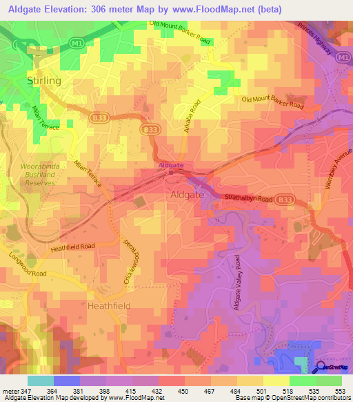 Aldgate,Australia Elevation Map