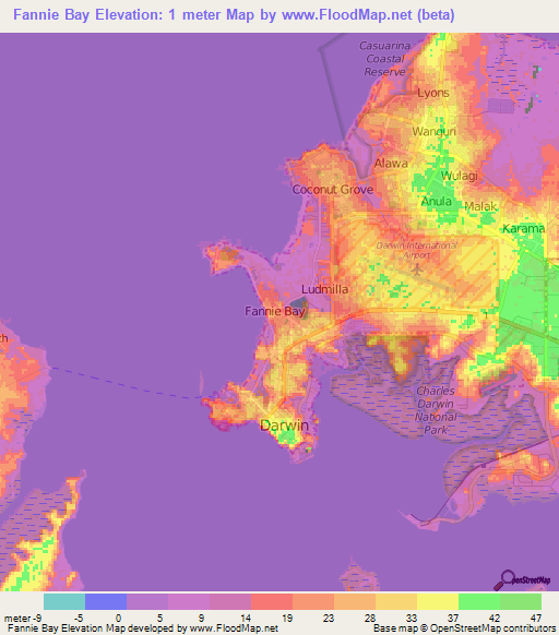 Fannie Bay,Australia Elevation Map