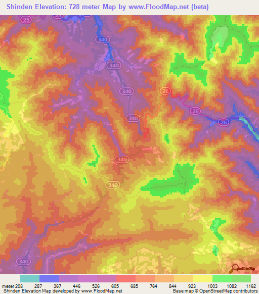 Shinden,Japan Elevation Map