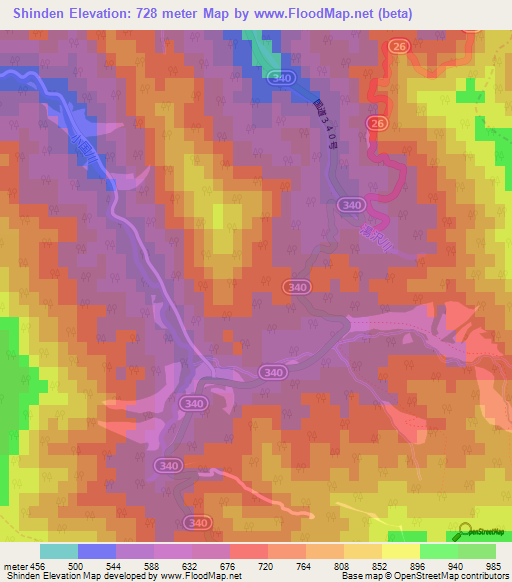 Shinden,Japan Elevation Map