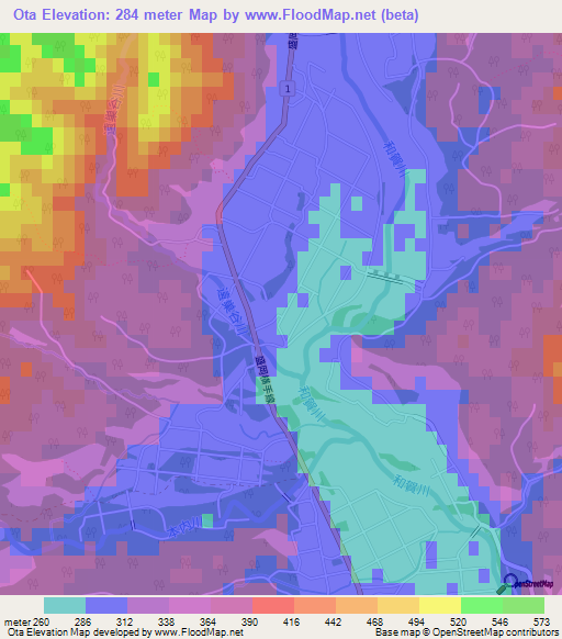 Ota,Japan Elevation Map